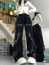 Lunivop Women’s Metal Decoration Splicing Star Print Denim Trousers American Street Style Jeans